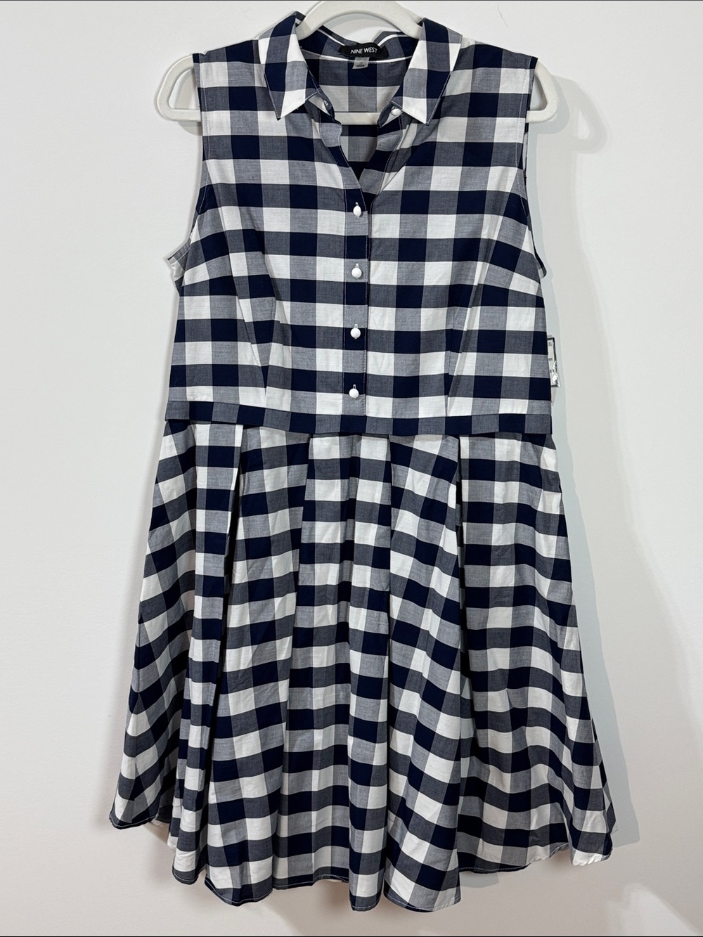 Nine West Navy & White Gingham Sleeveless Collared Midi Dress - Size 12